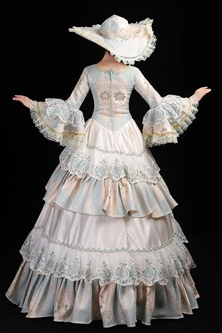 Light Blue Hime Sleeves High Waisted Round Collar Lace Stitching Hollow Embroidery Flower Print Victorian Lolita Prom Dress 7 Light Blue Hime Sleeves High Waisted Round Collar Lace Stitching Hollow Embroidery Flower Print Victorian Lolita Prom Dress - Image 5