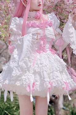 White/Pink Puff Short Sleeves Princess Gothic Lolita Tiered Dress