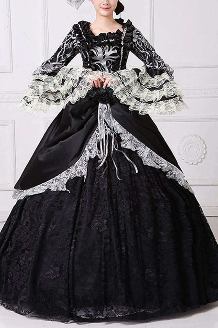 Black Multi-Layer Lace Stitching Trumpet Sleeves High Waisted Hollow Floral Embroidery Victorian Lolita Prom Dress 3 Black Multi-Layer Lace Stitching Trumpet Sleeves High Waisted Hollow Floral Embroidery Victorian Lolita Prom Dress
