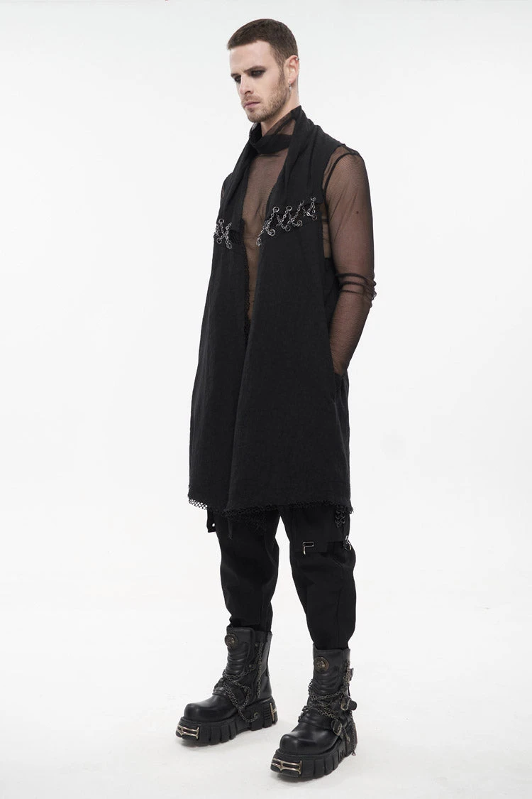 Black Aluminum Chain Stitching Design Distressed Cotton Linen All Seasons Men's Punk Vest 4 Black Aluminum Chain Stitching Design Distressed Cotton Linen All Seasons Men's Punk Vest - Image 2