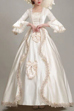 Champagne Multi-Layer Half Trumpet Sleeves High Waisted Bowknot Embroidery Floral Print Victorian Lolita Dress