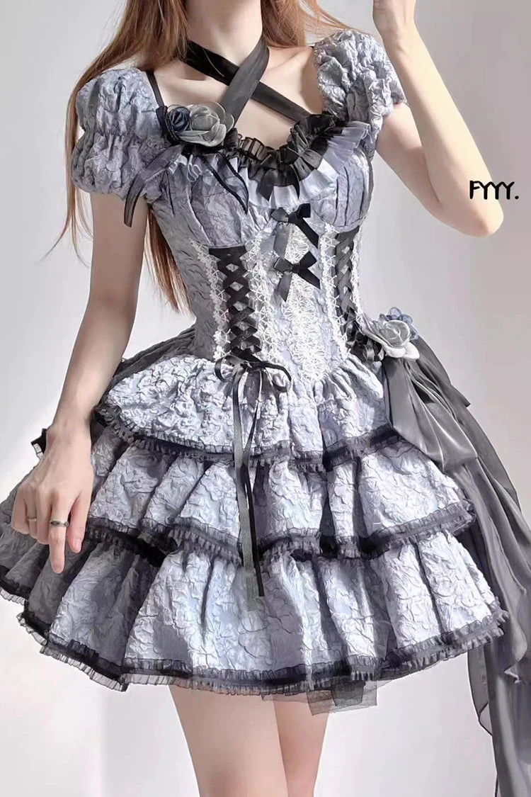 Black/Blue Medea Kiss Short Sleeves Gothic Lolita Op Tiered Dress 4 Black/Blue Medea Kiss Short Sleeves Gothic Lolita Op Tiered Dress - Image 2