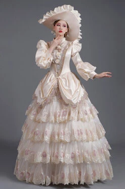 Champagne Lantern Sleeves High Waisted Three Dimensional Flower Print Victorian Lolita Prom Tiered Dress -LolitaInside 0205ff0bd5e9032e23e369048e76d54d