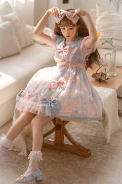 Pink/Blue Doll Collar Short Sleeves Rabbit Candy Paper Print High Waisted Sweet Lolita OP Dress -LolitaInside 0259a533194fbd864d9e1deb0ae2c8e3