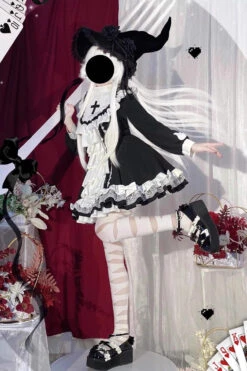 White/Black Long Sleeves Multi-layer Cross Print Nun Style Ruffle Gothic Lolita Dress -LolitaInside 02a59d7b57c49b4ebc20b4ad8c525164