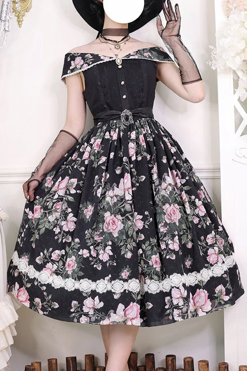 Black Elegant Vintage French Rose Floral Print V Collar Sleeveless Ruffled Classic Lolita JSK Dress 3 Black Elegant Vintage French Rose Floral Print V Collar Sleeveless Ruffled Classic Lolita JSK Dress