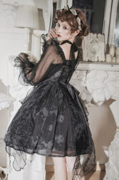 Black Ruffled Strap Mesh Lantern Sleeves High Waisted Irregular Hem Gothic Lolita OP Dress -LolitaInside 0311493e40c22f96b94f318cde04b35e