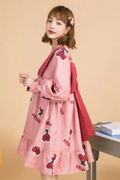 Pink Lapel Collar Long Sleeved Cherry Print Stitching Bowknot Ruffled Slimming Sweet Lolita Dress -LolitaInside 03883b6af15aadae9caff6125891aeb3