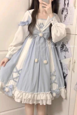 White/Blue Navy Collar Long Sleeves Print Ruffle Bowknot Sweet Princess Lolita Dress