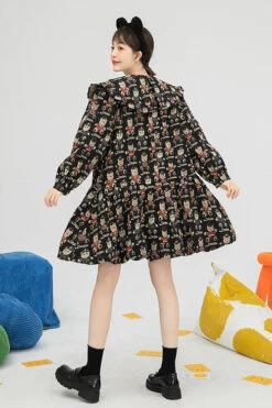 Black Doll Collar Bear Print Puff Sleeves Ruffled Sweet Lolita OP Dress -LolitaInside 03b313860abc3c8d0f572e6810088a10