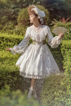 Beige Lace Round Collar Ruffled Lantern Sleeves Fresh Floral Print Sweet Lolita OP Dress -LolitaInside 0413bc169efca4f136948f5d9161c062