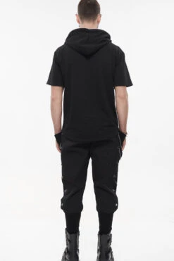 Black Punk Short Sleeve Metal Zipper Lace-Up Knit Loose Casual Hooded Men's T-Shirt -LolitaInside 0414a928ae33c332ec79e25fcde73eef