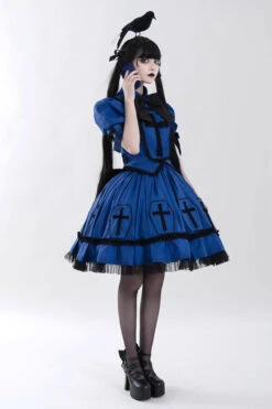 Blue Halloween Cross Short Puff Sleeves Two Pieces Gothic Lolita Dress -LolitaInside 04ac097edacca6769ce59f092b04f0d4