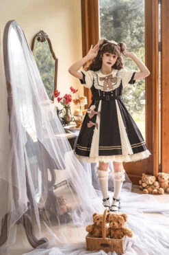 Black/White Chocolate Workshop Short Version Elegant Short Puff Sleeves Sweet Lolita Dress -LolitaInside 0505bc5c26ce74054aa594a88a8f7420