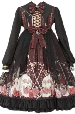 Black/Red Lapel Collar Long Sleeves High Waisted Printed Gothic Lolita OP Dress -LolitaInside 06467c2bf7f0e9f691d1d24221312686