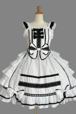 Color Stitching Lace Square Neck Cap Sleeve Knee Length Ruffled Bowknot Classic Lolita Dress