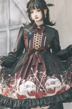 Black/Red Lapel Collar Long Sleeves High Waisted Printed Gothic Lolita OP Dress -LolitaInside 06aa72ca4040b0596191fcd706db9692