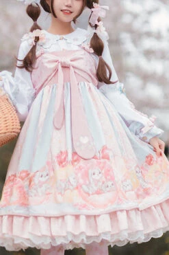 Pink Dog Donuts Print Bowknot Ruffled Sweet Lolita JSK Dress