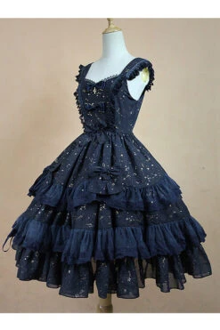 Chiffon Golden Star Bowknot Print Classic Lolita Sling Dress -LolitaInside 07821786c87d206f0ff2ee131604ddb9