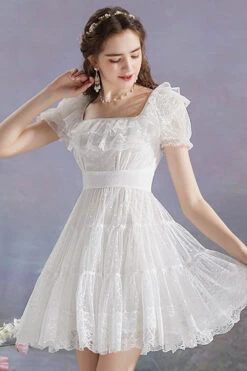 White Vintage Square Collar Ruffled Princess Short Sleeve Dot Print High Waisted Mesh Sweet Lolita Dress -LolitaInside 07a202a15254e5bc11b1d4dcb308423e