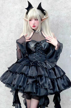 Pure Black Little Devil Sexy Princess Slim Gothic Lolita Strapless Tiered Dress -LolitaInside 0816d515c4685e4f7b21856f59ea8b11