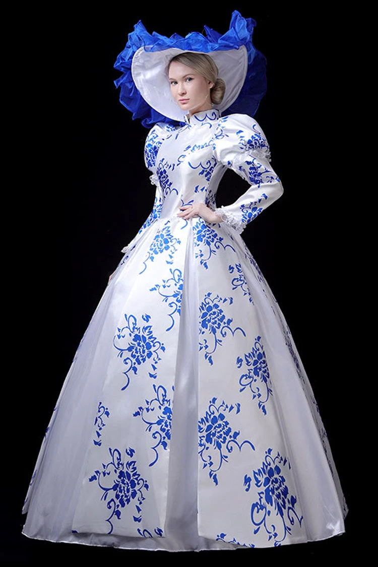 Blue/White Porcelain Printing Stand Collar High Waisted Victorian Lolita Prom Dress 4 Blue/White Porcelain Printing Stand Collar High Waisted Victorian Lolita Prom Dress - Image 2