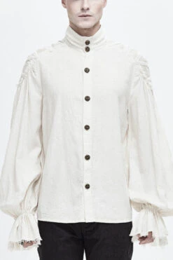 White Straight Collar Puff Sleeve Jacquard Mens Punk Blouse