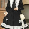 Dark Black Temple Of The Cross Doll Collar High Waisted Long Sleeves Multi-Layer Ruffled Gothic Lolita OP Dress -LolitaInside 0997a019a4e38edfcfeb85b41b0b5da5