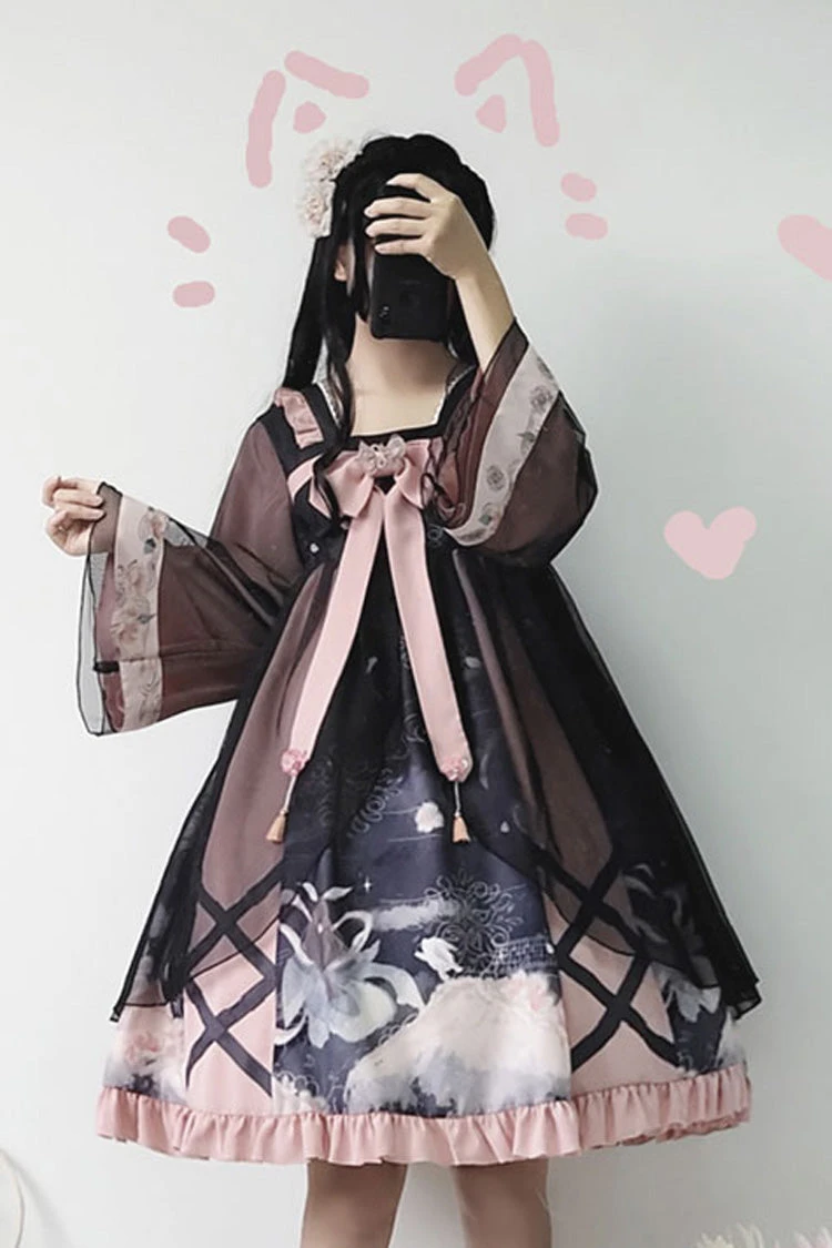 Black/Pink Chinese Style Long Sleeves Chest Bow Chiffon Sweet Lolita OP Dress 4 Black/Pink Chinese Style Long Sleeves Chest Bow Chiffon Sweet Lolita OP Dress - Image 2