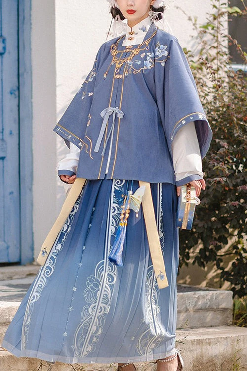 Original Improved Blue Chinese Style Ming Made Wide Sleeved Top High Waisted Skirt Embroidered Sweet Hanfu Three Piece Suit 3 Original Improved Blue Chinese Style Ming Made Wide Sleeved Top High Waisted Skirt Embroidered Sweet Hanfu Three Piece Suit