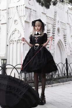 Black Rose Embroidered Cutout Top Irregular Short Sleeves Gothic Lolita Dress Set -LolitaInside 09dcf2ed5afce79e354c8942ccb2adab