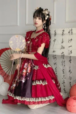 Round Collar Ruffled Short Sleeves Elegant Print High Waist Classic Lolita Dress -LolitaInside 0a0122fbdcb5964bb2f18aa0ced0b871
