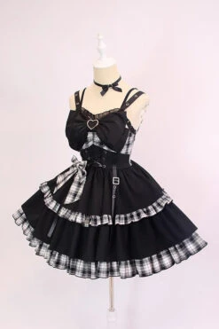 Black/White Plaid Print Color Contrast Leather Buckle Bowknot Ruffle Gothic Lolita JSK Dress -LolitaInside 0be8c10a9b283d60c43c62e6ca4b2249