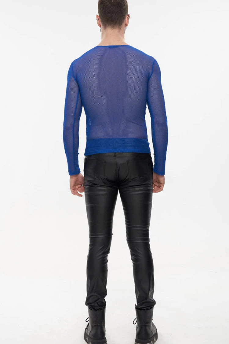 Blue Gothic Elasticity High Neck Long Sleeve Mesh Men's Shirt 8 Blue Gothic Elasticity High Neck Long Sleeve Mesh Men's Shirt - Image 6