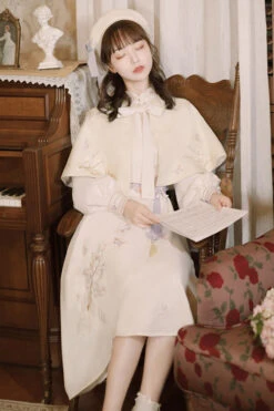 Beige Retro Stand Up Collar Ruffled Lantern Sleeves Butterfly Embroidery Classic Lolita OP Dress Full Set -LolitaInside 0cbdc24a8011065352839892a8f5f36f