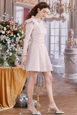 Pink Ruffled Stand Collar Cherry Blossom Print Jacquard Long Sleeves High Waisted Sweet Lolita OP Dress -LolitaInside 0d766d4fe276ff41c8fae426aaa499bf