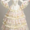 Beige Hime Sleeves High Waisted Lace Stitching Hollow Floral Print Ruffled Multi-Layer Victorian Lolita Prom Tiered Dress