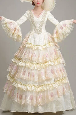 Beige Hime Sleeves High Waisted Lace Stitching Hollow Floral Print Ruffled Multi-Layer Victorian Lolita Prom Tiered Dress