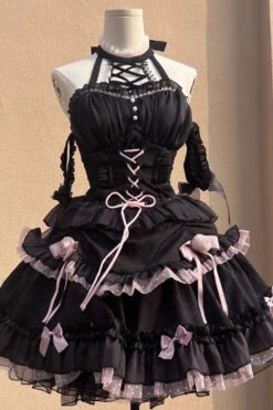 Black/Pink Lace Up Multi-layer Ruffle Cardigan Bowknot Gothic Lolita Jsk Dress -LolitaInside 0e845d7534f2e9f4780a63a8fea77673