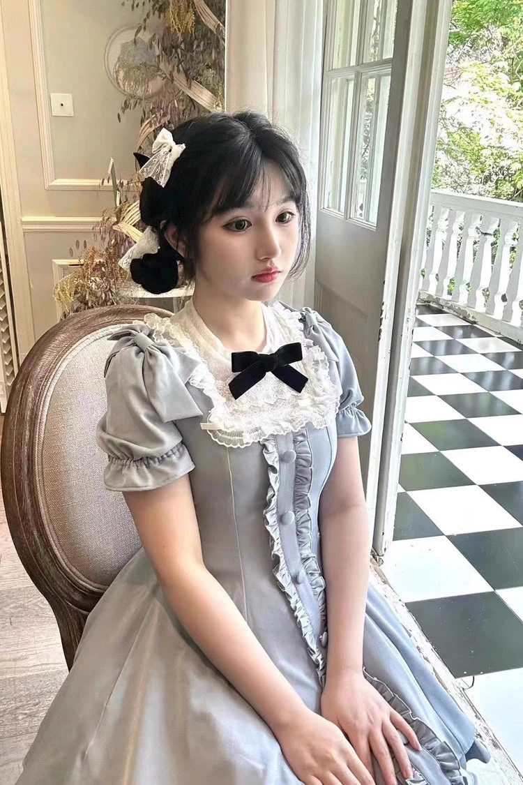 Light Blue Annie's Gift Short Sleeves Bowknot Short Version Sweet Lolita Dress (Plus Size Support) 10 Light Blue Annie's Gift Short Sleeves Bowknot Short Version Sweet Lolita Dress (Plus Size Support) - Image 8