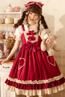 Wine Love Heart Shape Pockets Bowknot Classic Lolita Jsk Dress -LolitaInside 108f446acc0343d180afcc52c2cc47f8