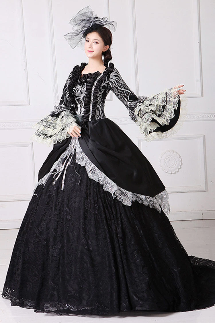 Black Multi-Layer Lace Stitching Trumpet Sleeves High Waisted Hollow Floral Embroidery Victorian Lolita Prom Dress 4 Black Multi-Layer Lace Stitching Trumpet Sleeves High Waisted Hollow Floral Embroidery Victorian Lolita Prom Dress - Image 2