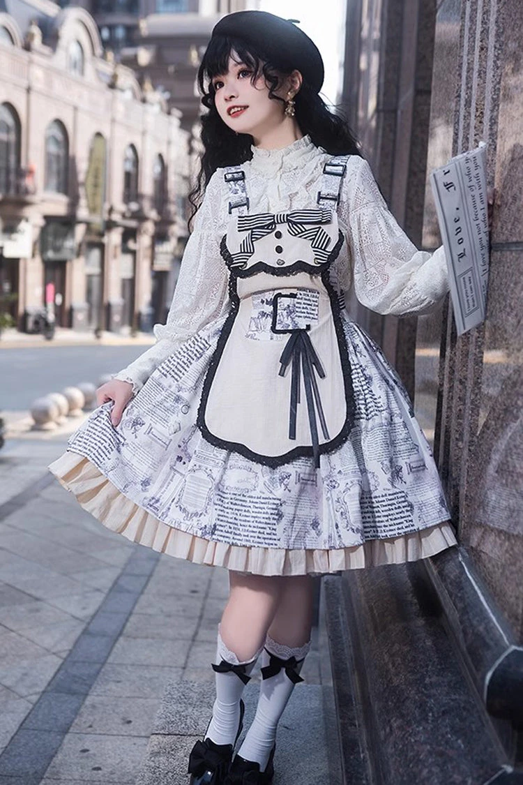 White Vintage Berlin Daily Print Removable Apron Classic Lolita Strap Dress 6 White Vintage Berlin Daily Print Removable Apron Classic Lolita Strap Dress - Image 4