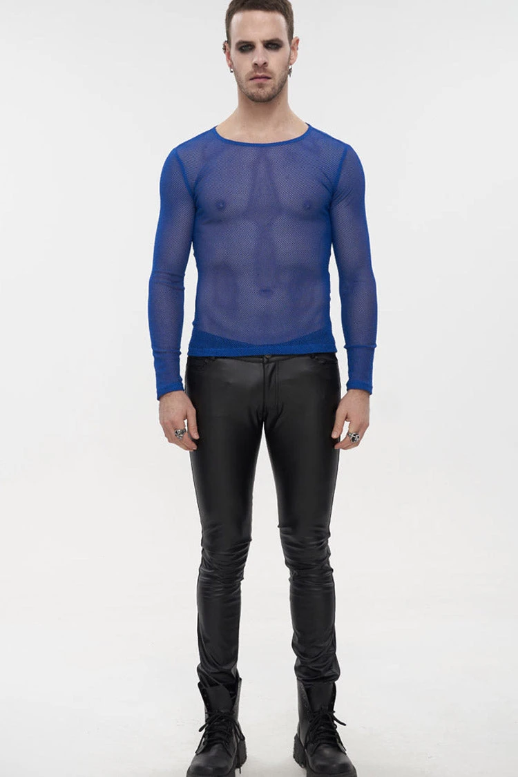 Blue Gothic Elasticity High Neck Long Sleeve Mesh Men's Shirt 4 Blue Gothic Elasticity High Neck Long Sleeve Mesh Men's Shirt - Image 2