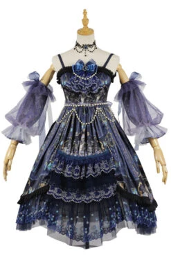 Blue Skull Print Hanayome Bowknot Pearl Chain Multi-Layer Ruffled Gothic Lolita JSK Tiered Dress
