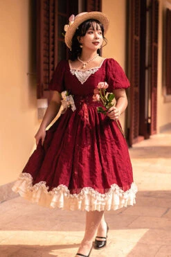 Wine Elegant Vintage Square Collar Short Sleeves Multi-Layer Ruffled Classic Lolita OP Dress -LolitaInside 121be4fb927ee44e1c6d647d4b12133a