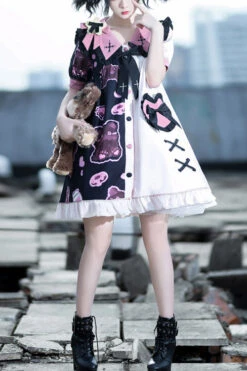 Multi-Color Lapel Collar Short Sleeve Single Breasted Bear Print Sweet Lolita Dress