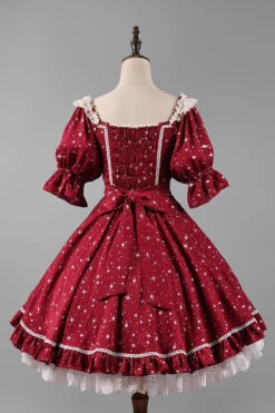 Midsummer Galaxy Shiny Star Print Short Sleeves Ruffle Bowknot Sweet Lolita OP Dress -LolitaInside 1482eca35d0c84708516eb1206729b71