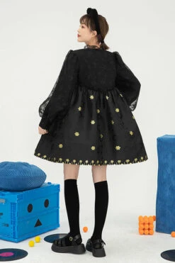 Black Square Neck Organza Print Ruffled Lantern Sleeves High Waisted Sweet Lolita OP Dress -LolitaInside 14ea180f741b6430c459e9453c134053