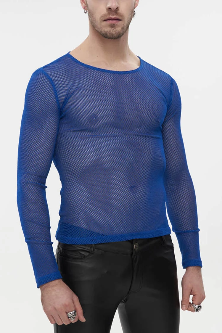 Blue Gothic Elasticity High Neck Long Sleeve Mesh Men's Shirt 3 Blue Gothic Elasticity High Neck Long Sleeve Mesh Men's Shirt